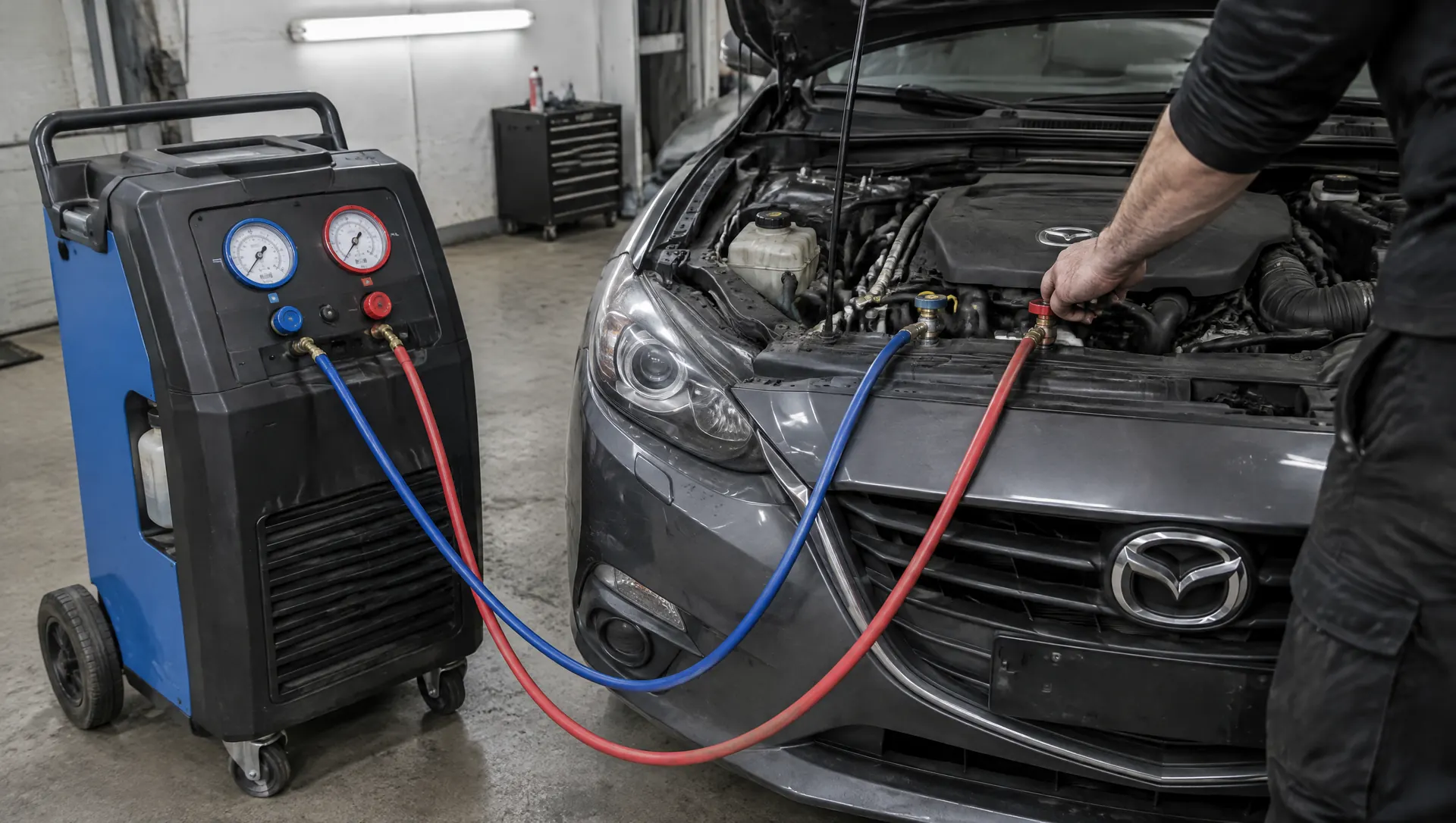 Aircoservice-apparaat met blauwe en rode slangen aangesloten op een Mazda 3