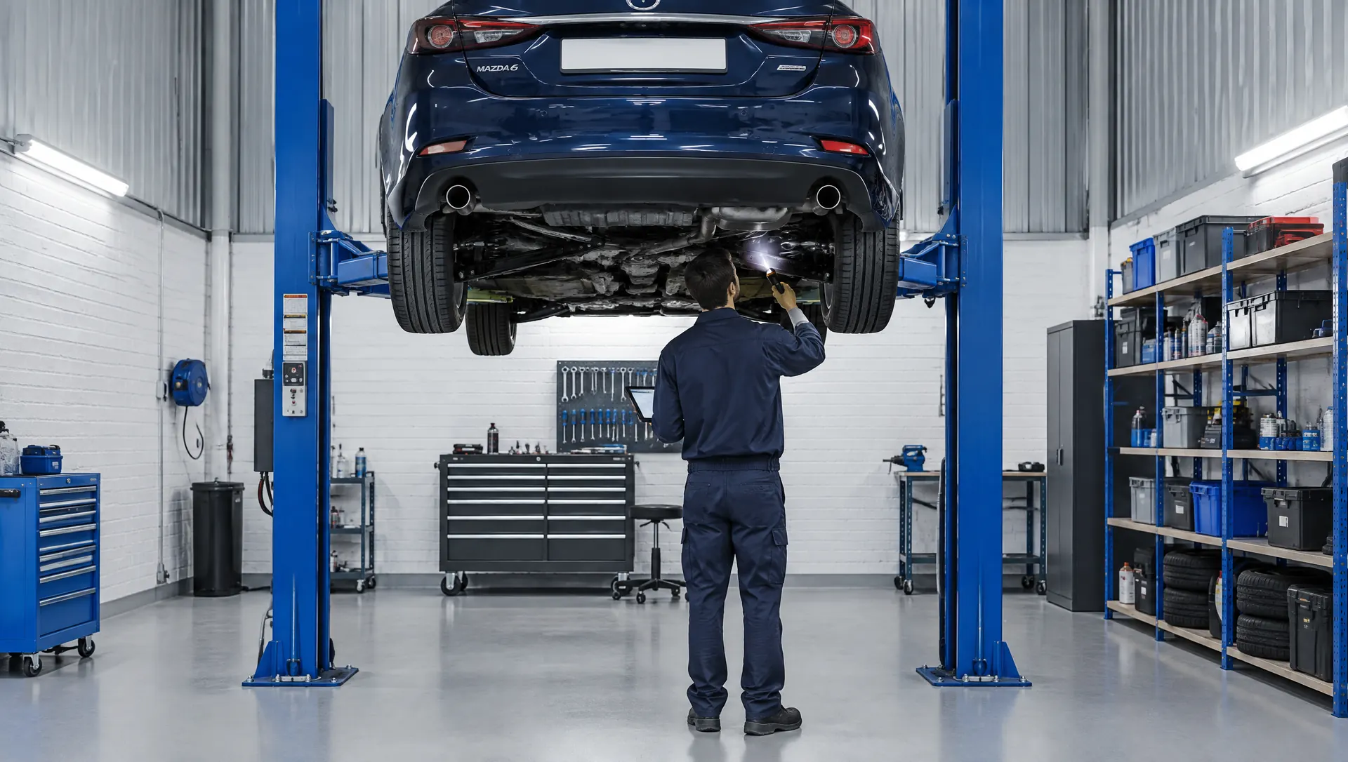 Monteur controleert de onderkant van een Mazda 6 tijdens een keuring