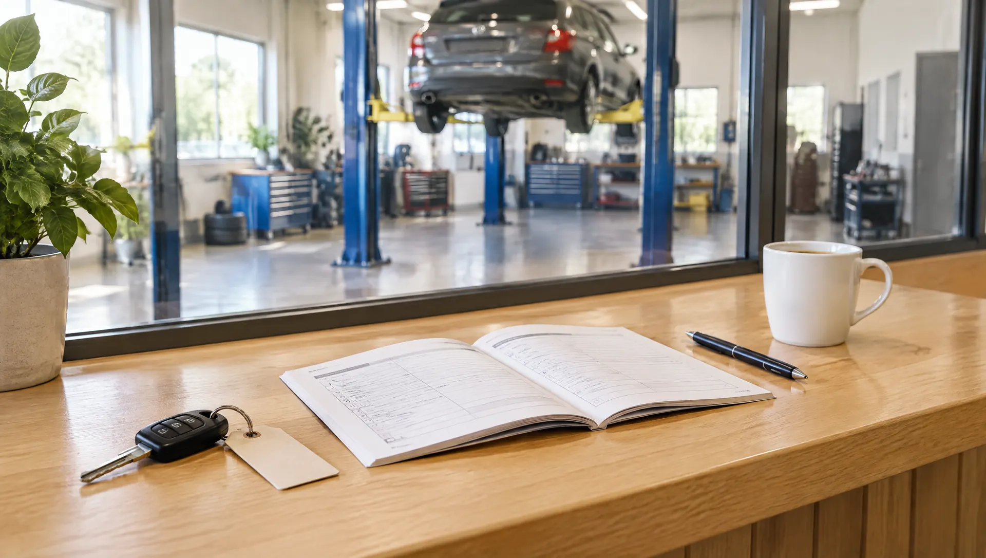 Autosleutel en onderhoudsboekje op de balie van een garage