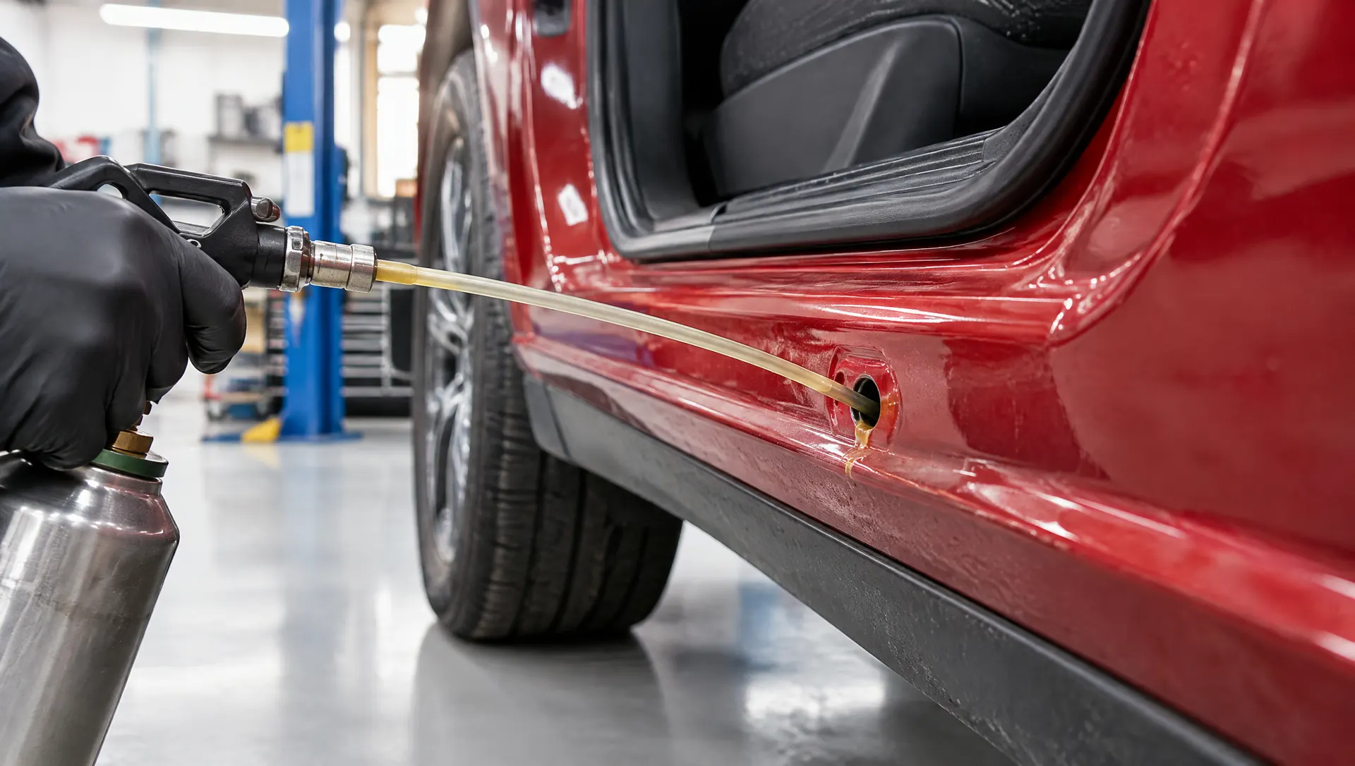 Spuitlans met holleruimtewax in het afvoergat van de dorpel van een rode Mazda