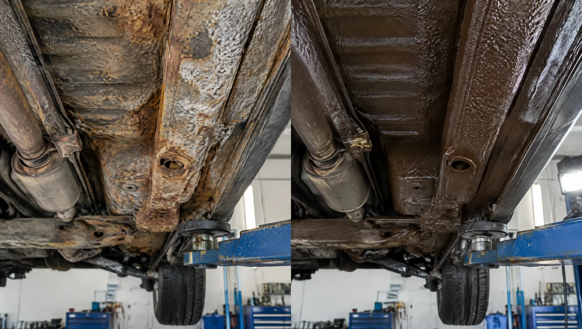 Illustratie: links een onderkant met roest, rechts dezelfde onderkant behandeld met roestwerende coating