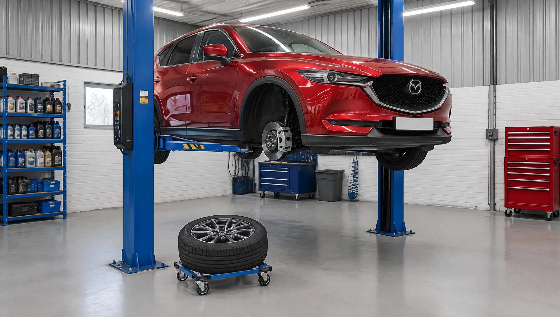 Rode Mazda CX-5 op de brug in een nette werkplaats